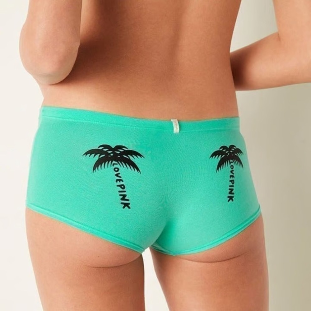 PINK Victoria's Secret Teal Palm Trees on Back Boy Shorts, NWT
